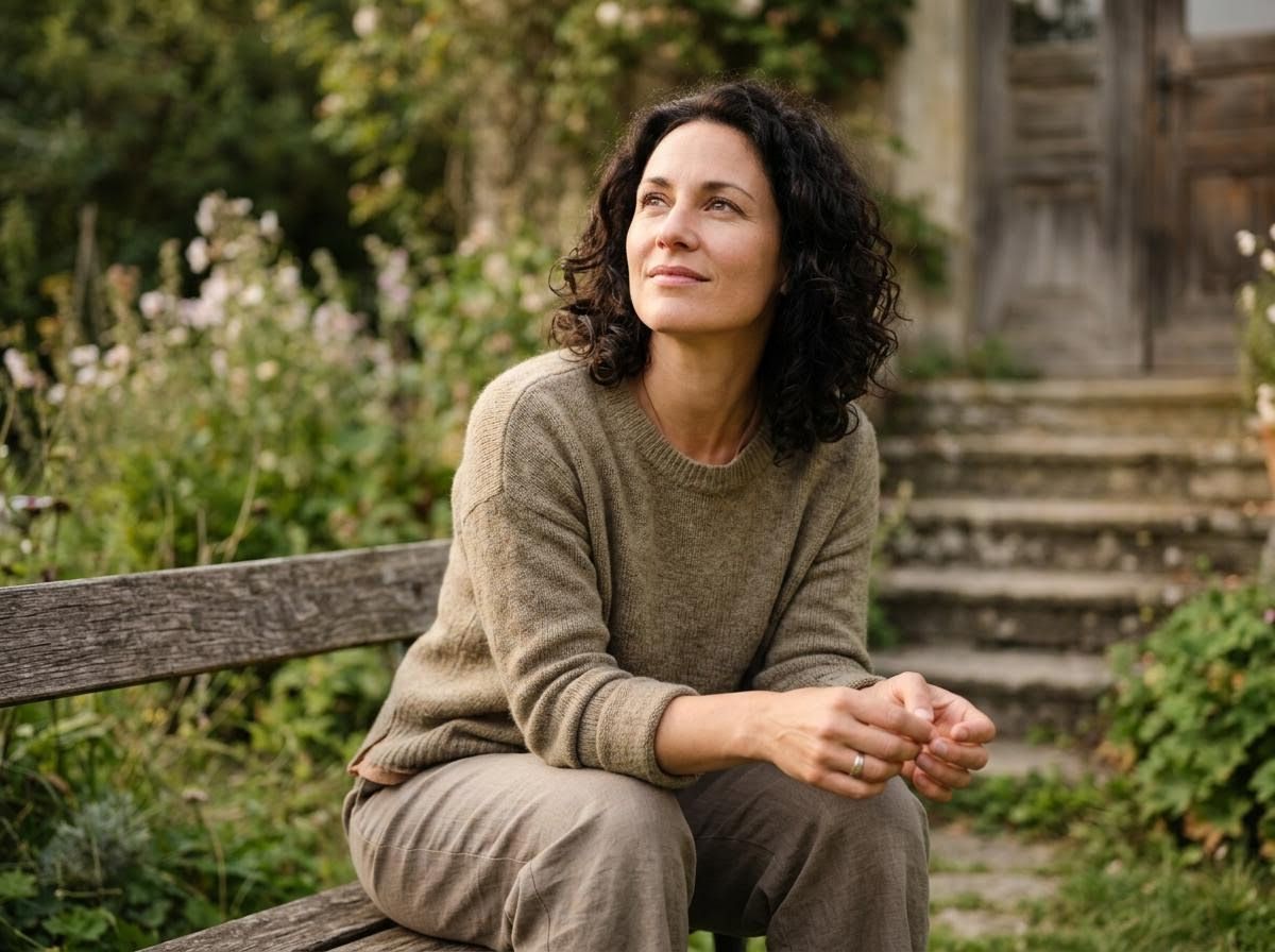 Woman Sitting on Bench in Garden Looking Up