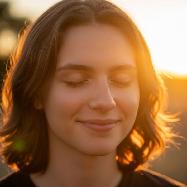 A person is captured in a close-up, head-and-shoulders portrait, with their eyes gently closed and a serene, peaceful smile playing on their lips. The person's face is bathed in a warm, golden light that creates a tranquil and ethereal atmosphere. A person is captured in a close-up, head-and-shoulders portrait, with their eyes gently closed and a serene, peaceful smile playing on their lips. The person's face is bathed in a warm, golden light that creates a tranquil and ethereal atmosphere.