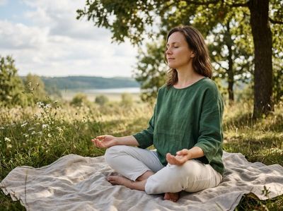 A woman sits cross-legged on a blanket in a field, eyes closed, hands in mudra, meditating peacefully amidst green trees and a lake. Woman Meditating Outdoors in Nature