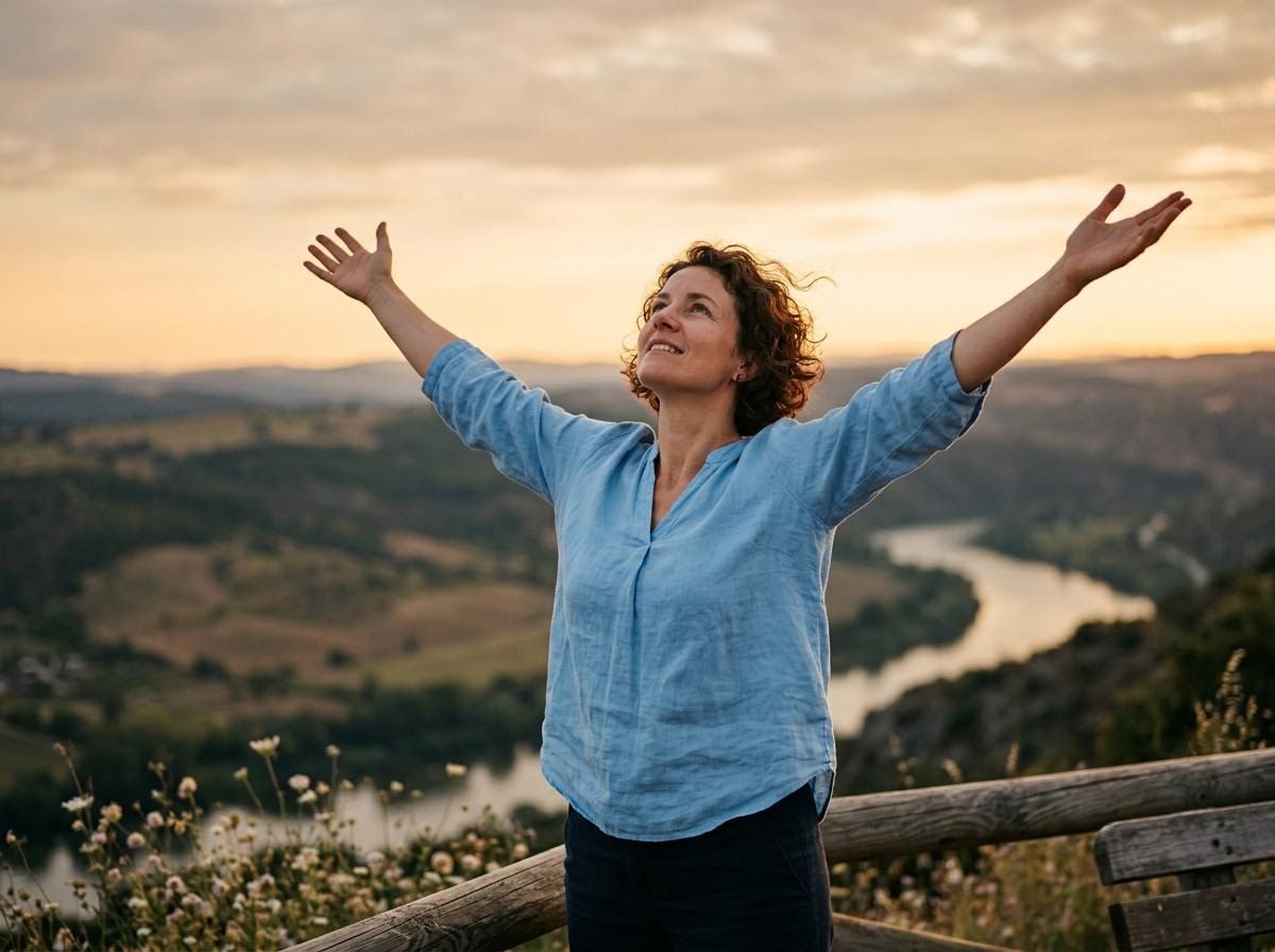 Woman with outstretched arms enjoying mountain river view at sunset