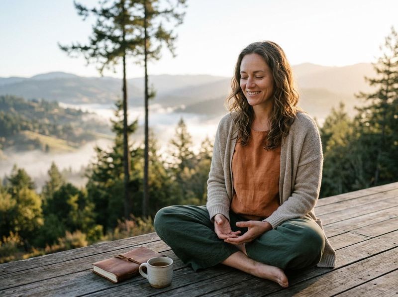 A smiling woman meditates cross-legged on a wooden deck, eyes closed, with a journal and mug, overlooking a misty mountain landscape. Woman Meditating on a Deck with Mountain View