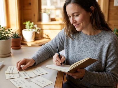 A smiling woman writes in a journal, surrounded by positive affirmation cards on a table, in a warm, brightly lit room. Woman Journaling with Positive Affirmation Cards