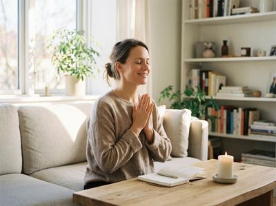 A smiling woman meditates with closed eyes and clasped hands in a sunny living room. A lit candle and notebook are on the table. Woman Meditating with Candle and Notebook in Living Room