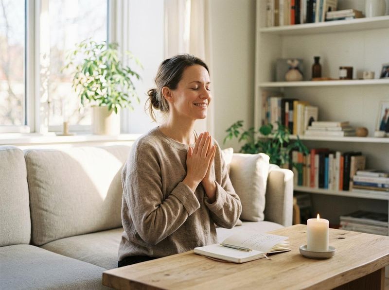 Woman Meditating with Candle and Notebook in Living Room