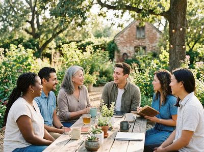 Six diverse adults happily conversing around a wooden table in a sunny garden, with drinks and notebooks. A brick building is in the background. Diverse Group Socializing Outdoors in a Garden