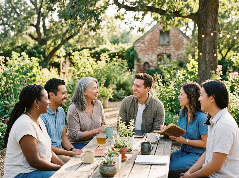 Six diverse adults happily conversing around a wooden table in a sunny garden, with drinks and notebooks. A brick building is in the background. Diverse Group Socializing Outdoors in a Garden