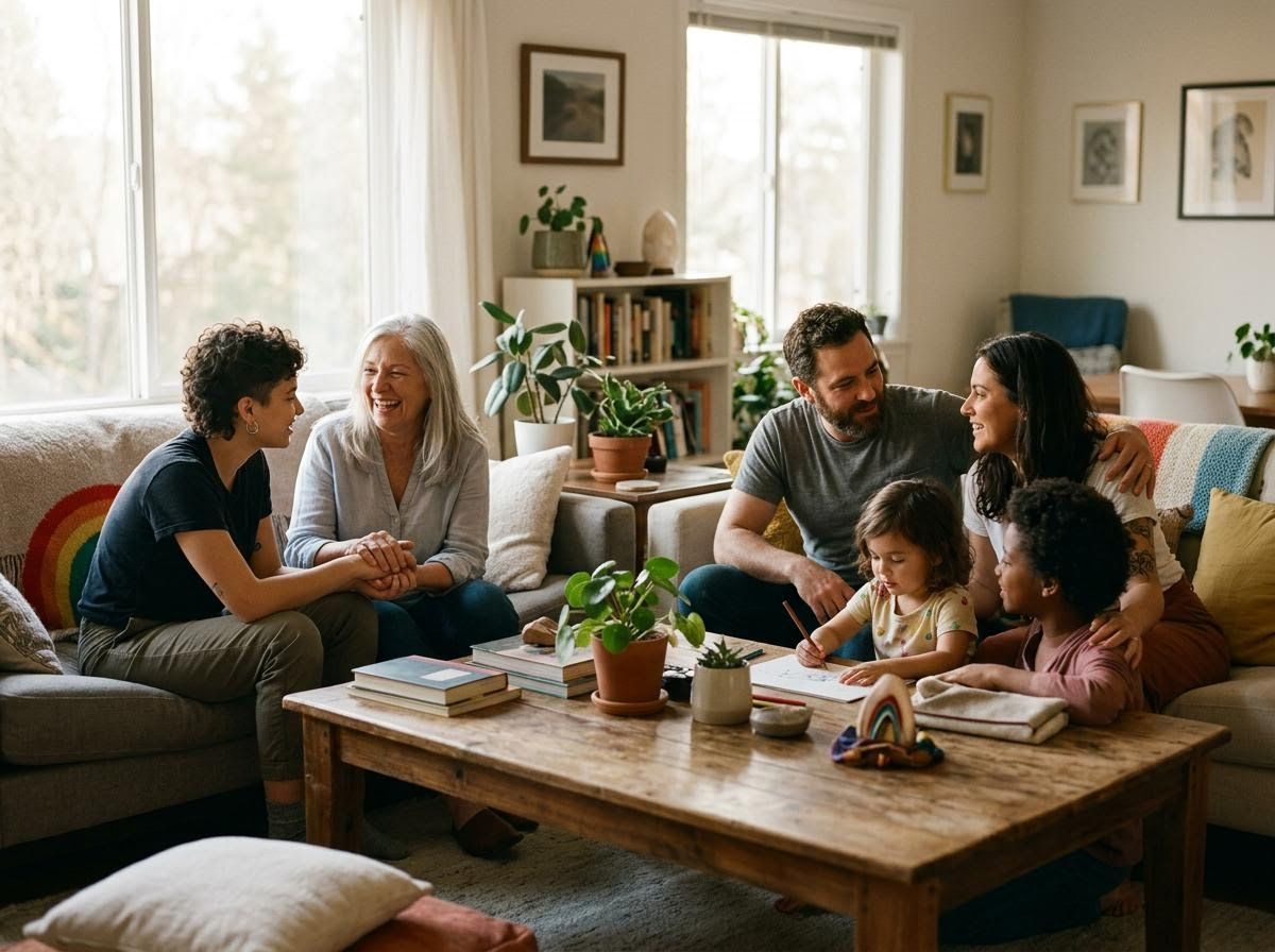 Multi-generational family relaxing and bonding in a bright living room