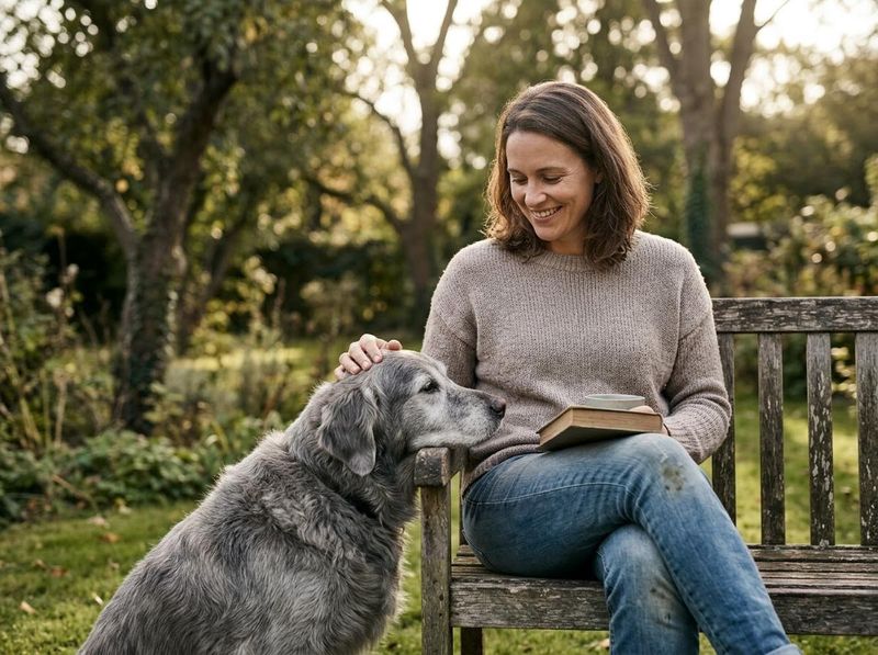 A smiling woman in a garden sits on a wooden bench, gently petting her gray dog while holding a book in her lap. Woman petting dog while reading on a bench