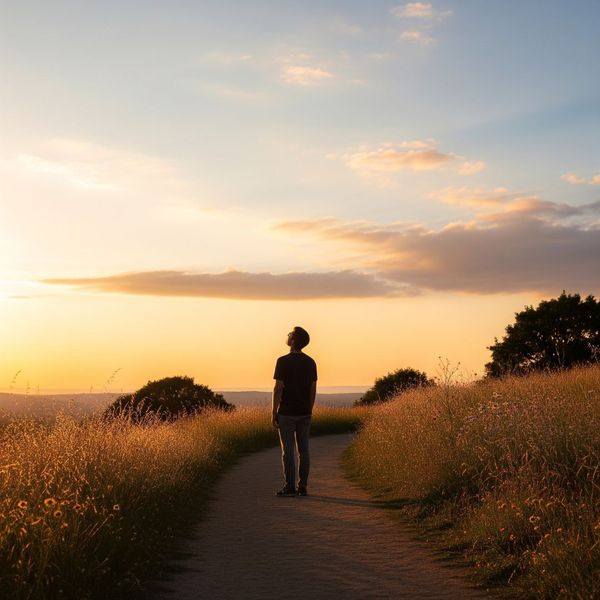 A person stands alone on a winding dirt path, their back to the viewer, with their gaze directed upwards towards a vast, serene sky. A person stands alone on a winding dirt path, their back to the viewer, with their gaze directed upwards towards a vast, serene sky.