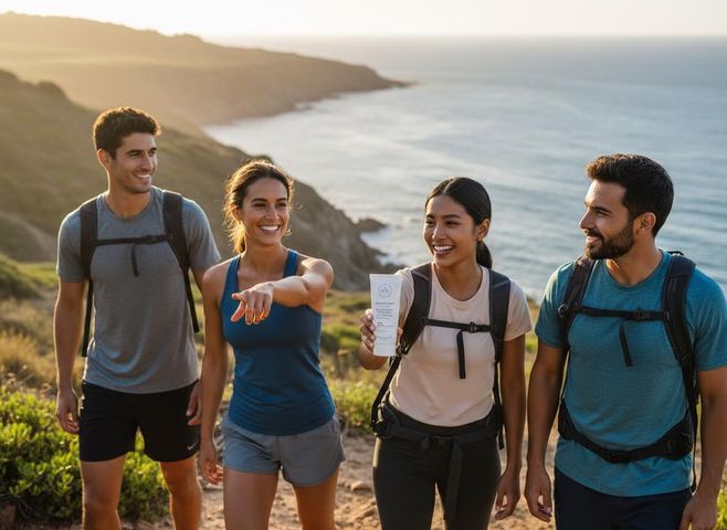 Four friends hiking by the ocean at sunset with a skincare product