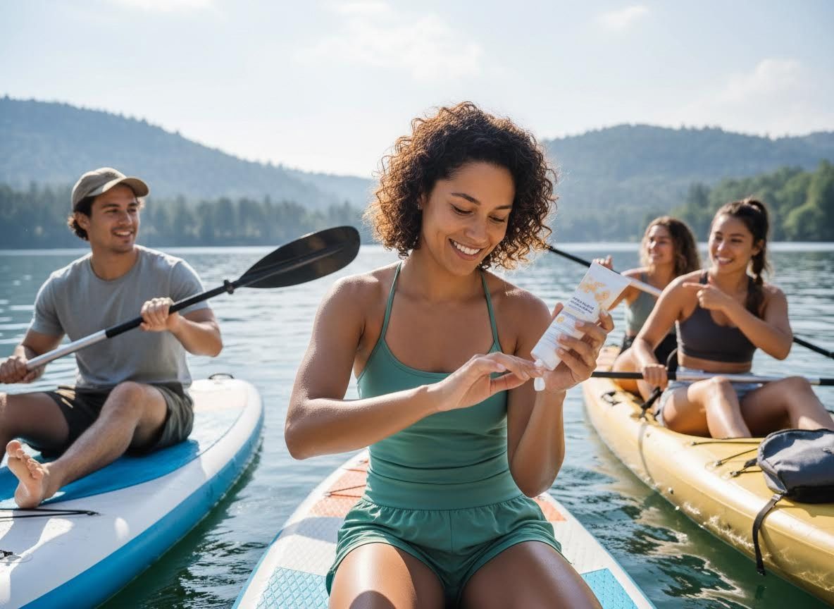 Group of friends paddleboarding and kayaking, applying sunscreen for sun protection