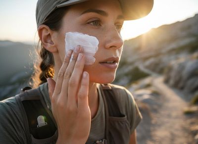 Woman applying sunscreen outdoors
