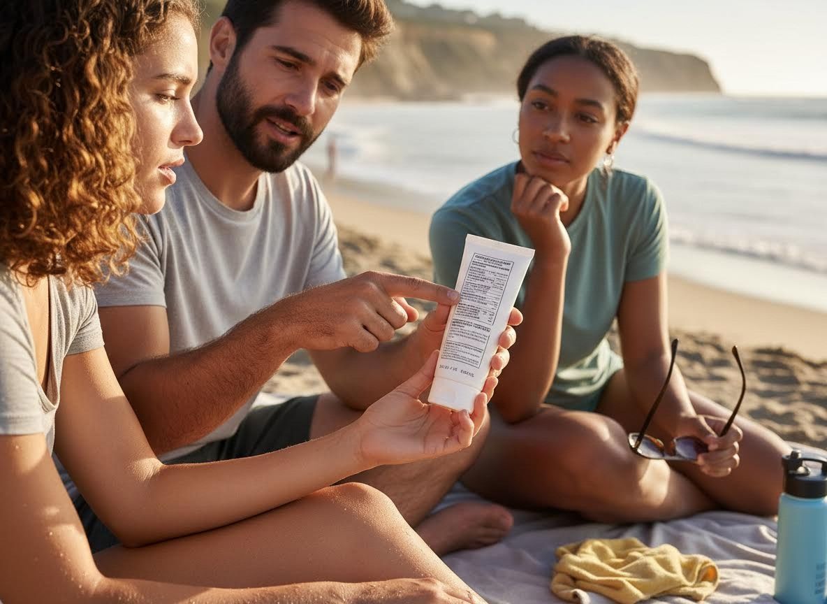 Friends on beach reading sunscreen label