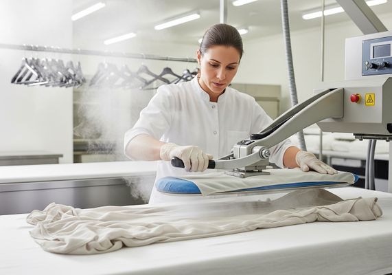 Woman Ironing Clothes with Commercial Press