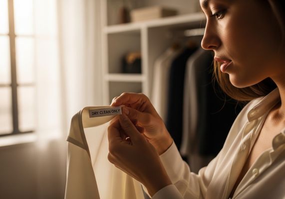 Woman Checking 'Dry Clean Only' Label on Garment