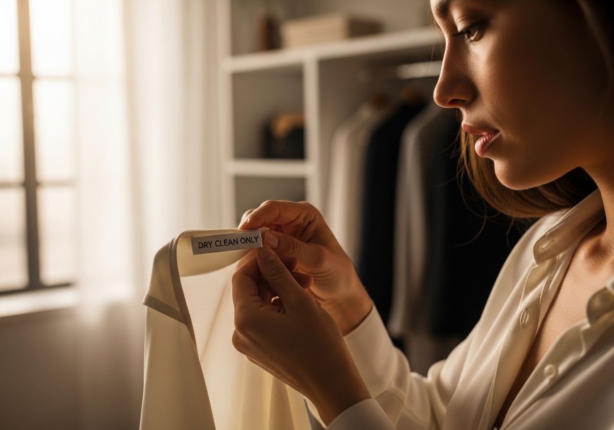 Woman Checking 'Dry Clean Only' Label on Garment