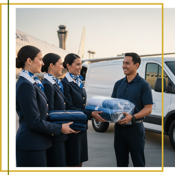 handing clean uniforms to flight attendants 