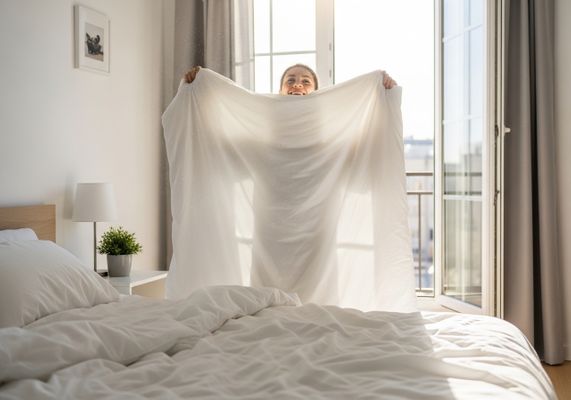 Woman Changing Bed Sheets in Bright Bedroom