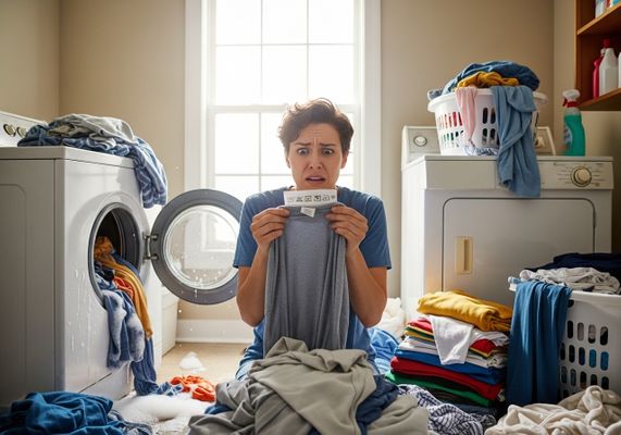 Woman Anxiously Reading Clothing Label in Overflowing Laundry Room