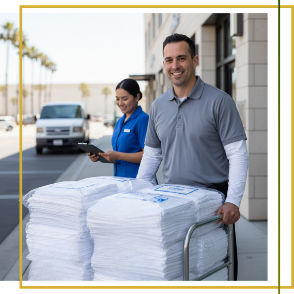 person with large cart of linens 