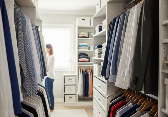 Organized walk-in closet with woman near window