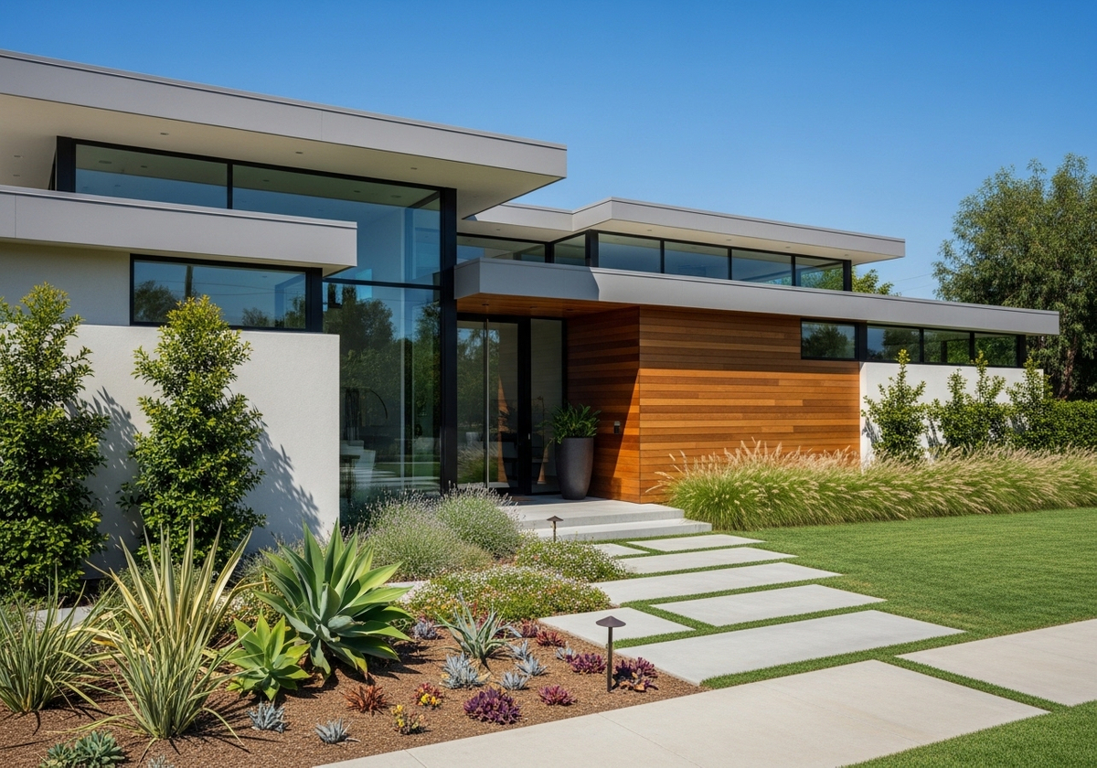 Modern Los Angeles home exterior with professional landscaping under a clear sky.