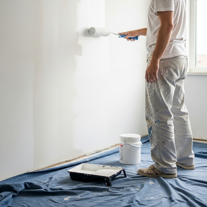 person painting a wall white