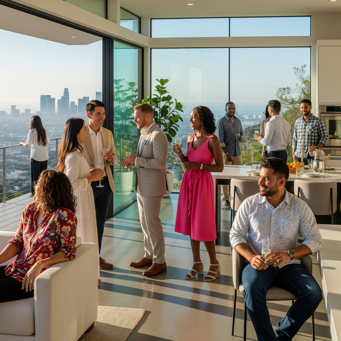A diverse group of people at a modern open house
