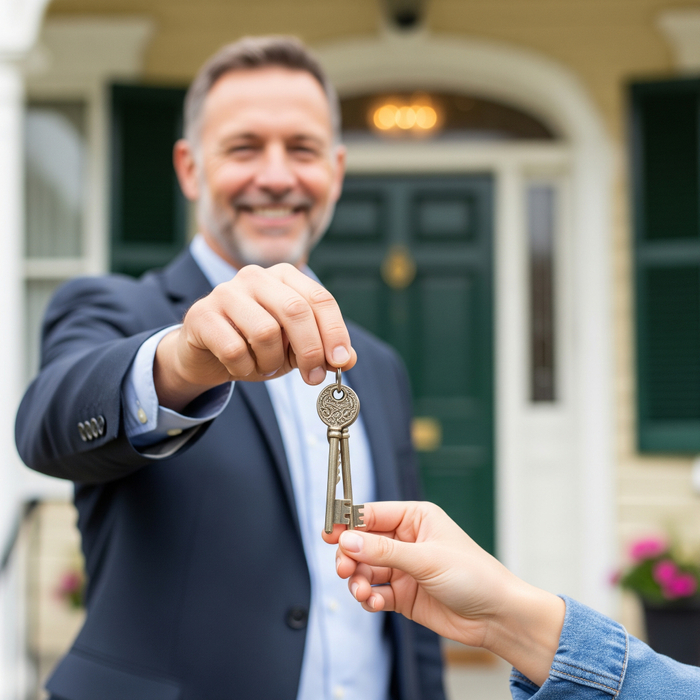 Close-up of hands exchanging a set of house keys in front of a new home. A Guide to Buying a Home in Hancock Park4.jpeg