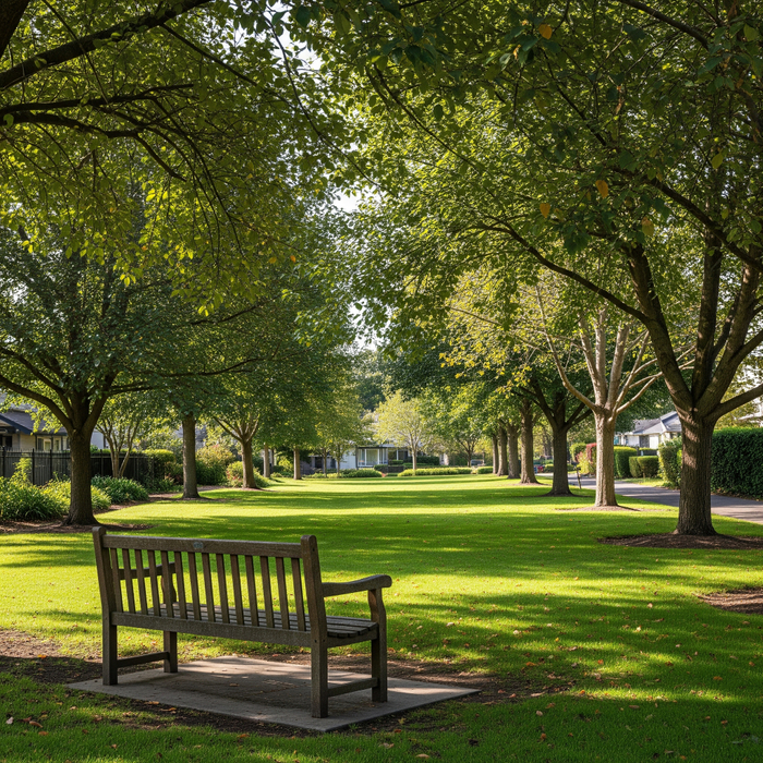 A tranquil park with a bench and large trees, representing the green spaces in Hancock Park. A Guide to Buying a Home in Hancock Park3.jpeg