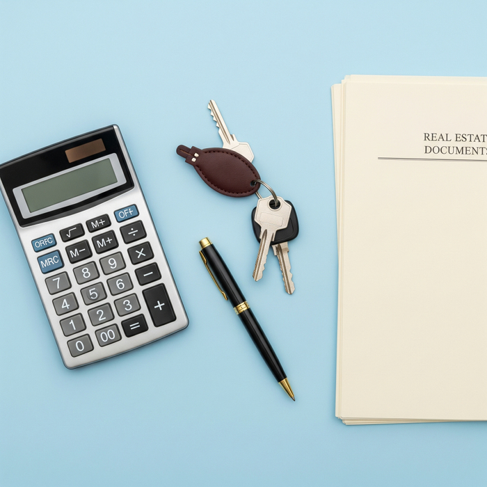 A calculator and house keys resting on a neat stack of real estate documents. Commonly asked Questions when Buying a Home in Los Angeles2.jpeg