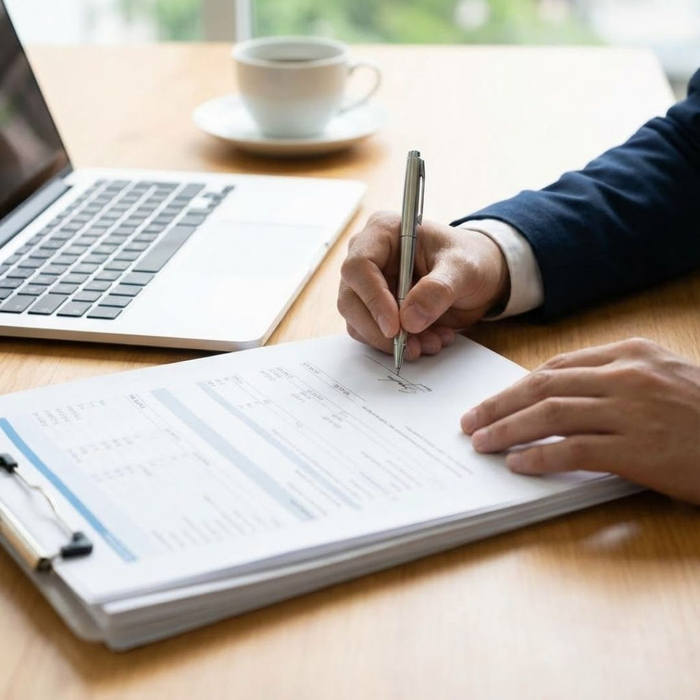A person signing a stack of financial documents on a wooden desk with a laptop nearby