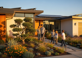 Family in front of modern, solar-paneled home