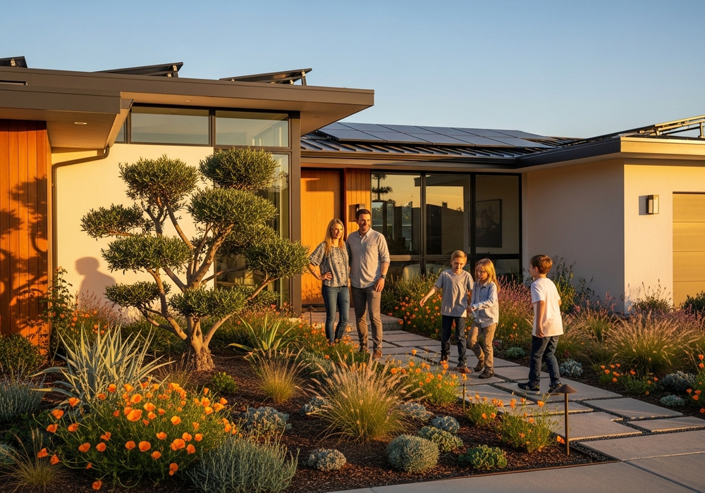 Family in front of modern, solar-paneled home