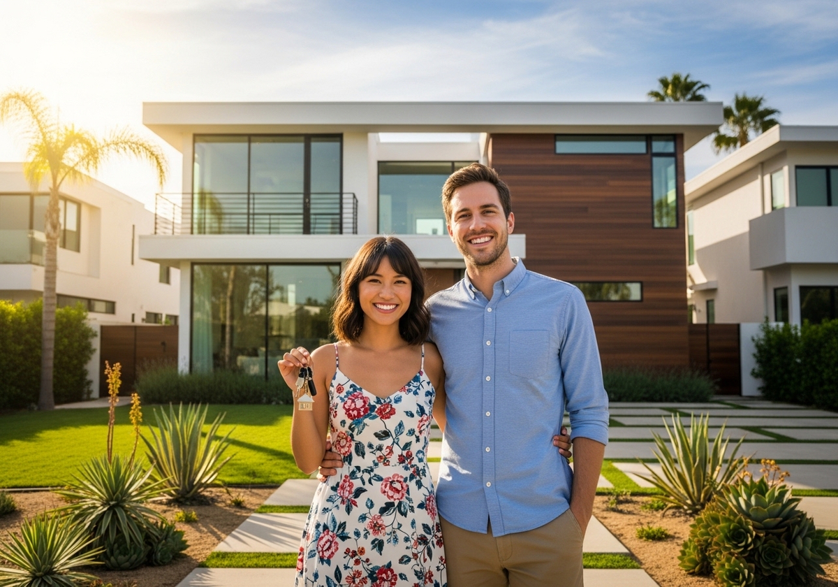 Couple in front of new home