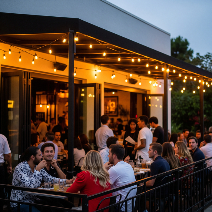People dining at a lively restaurant with an outdoor patio in Highland Park at dusk. Highland Park3.jpeg