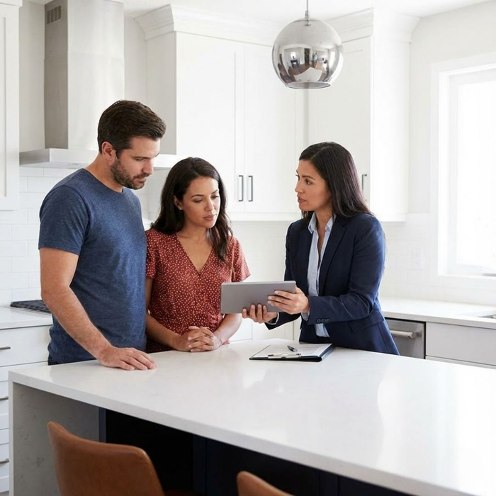 A real estate agent showing information on a tablet to a couple in a modern kitchen