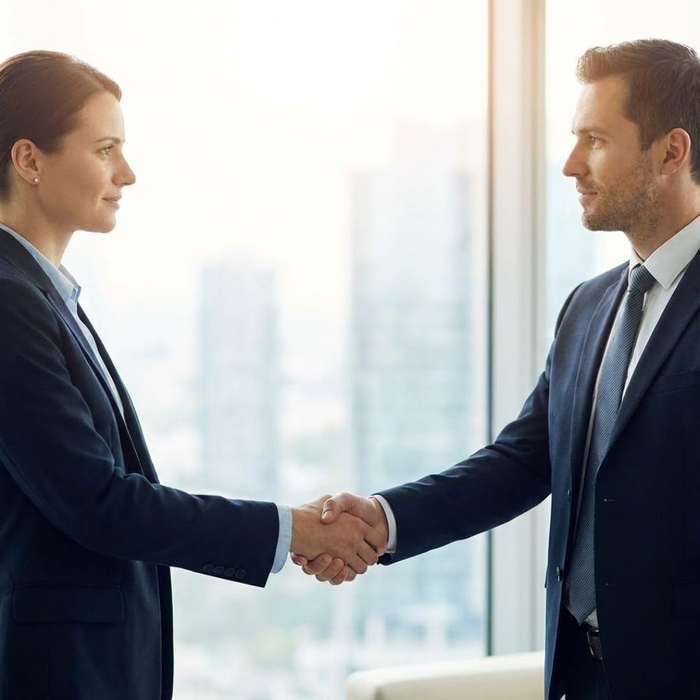 Two professionals in business attire shaking hands in a modern, sunlit office