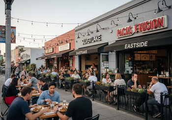 A vibrant street scene in the Silver Lake neighborhood of Los Angeles, showcasing outdoor dining at various restaurants. Patrons are seated at tables along the sidewalk, enjoying meals and drinks under the warm glow of string lights. The restaurants, including 'Pacas Fusion,' 'Silver Lake Eassteake' and 'Das Reycran' have open fronts, inviting customers to dine al fresco. The atmosphere is lively and social, with people chatting and enjoying the evening. The image captures the essence of urban dining and the community feel of Silver Lake. Outdoor dining scene in Silver Lake, Los Angeles