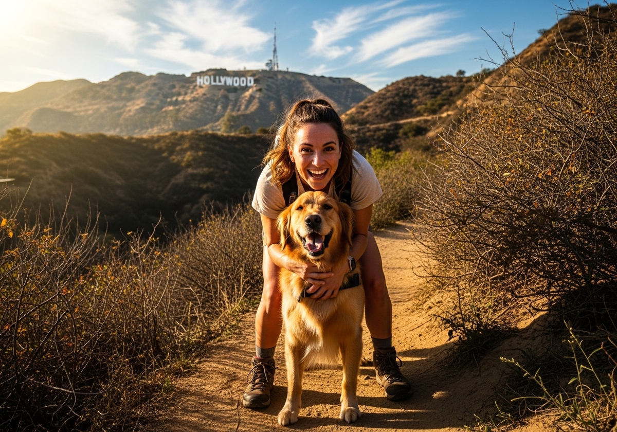 Woman and Golden Retriever hiking with Hollywood sign in background