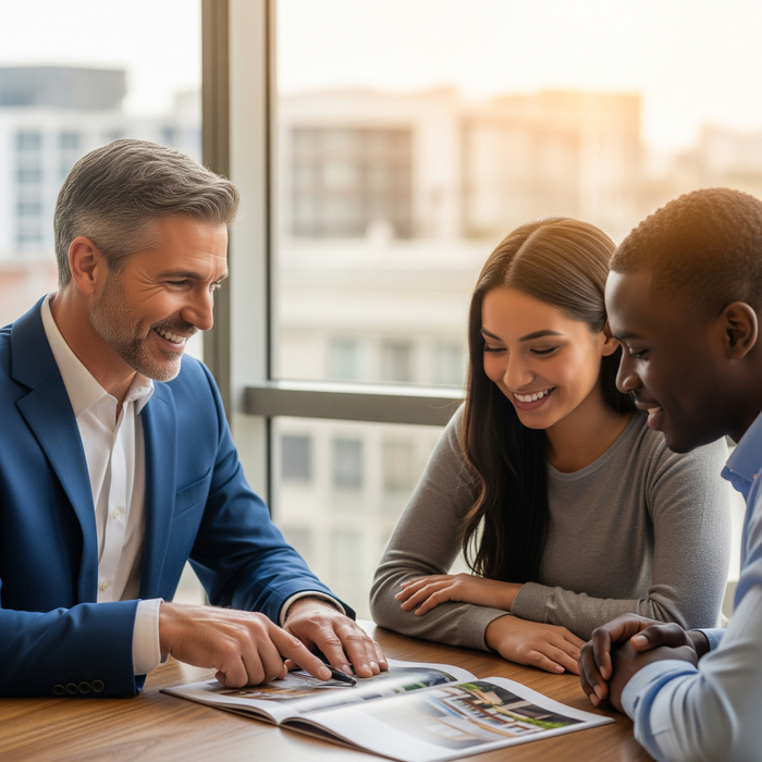 A real estate agent discussing property details with a smiling couple. Commonly asked Questions when Buying a Home in Los Angeles3.jpeg