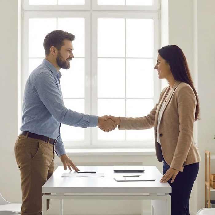 Two professionals shaking hands in a bright, modern office