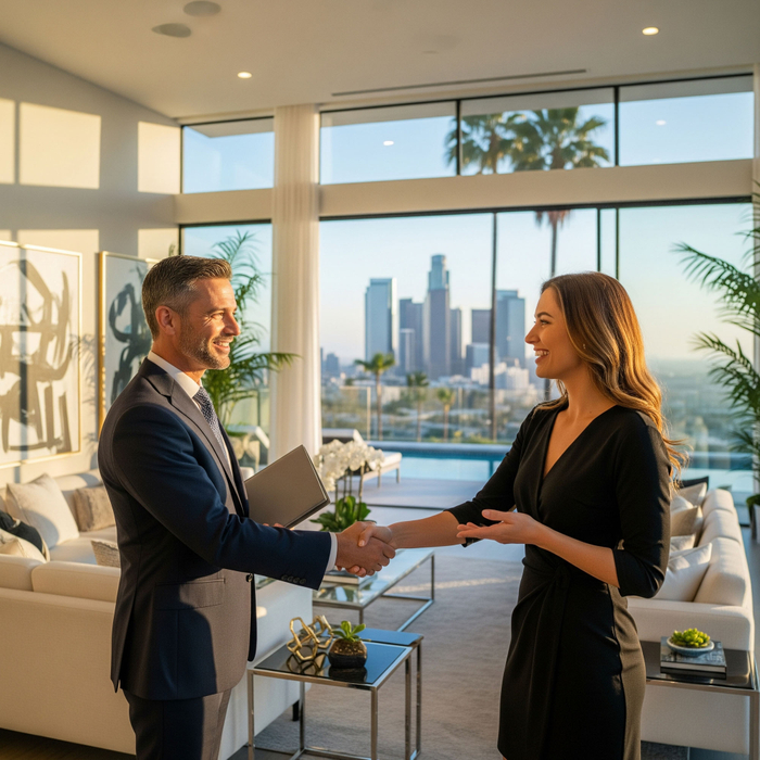 An expert real estate agent shakes hands with a satisfied client