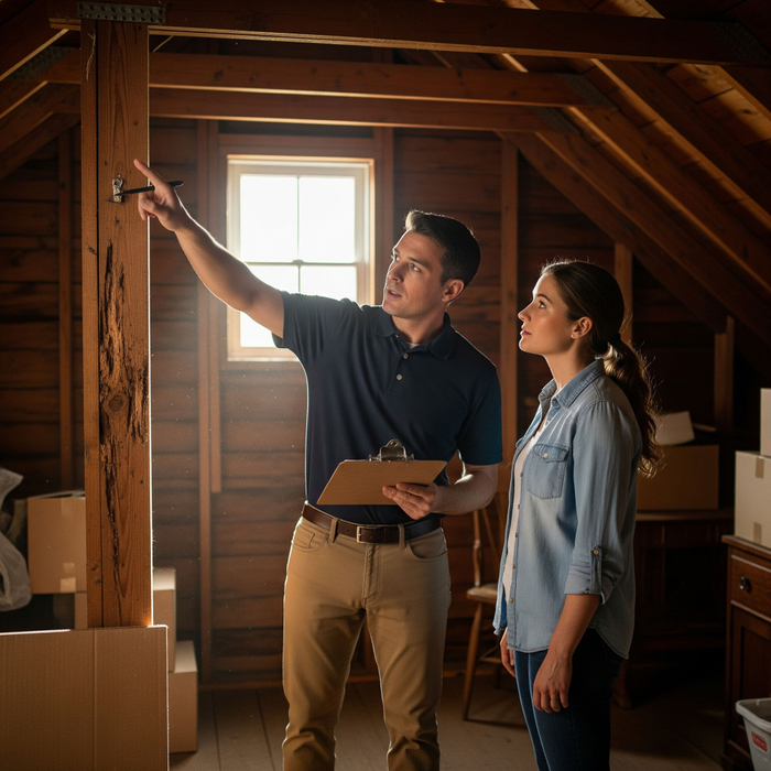 A home inspector pointing out a detail to a homeowner with a clipboard. A home inspector pointing out a detail to a homeowner with a clipboard.