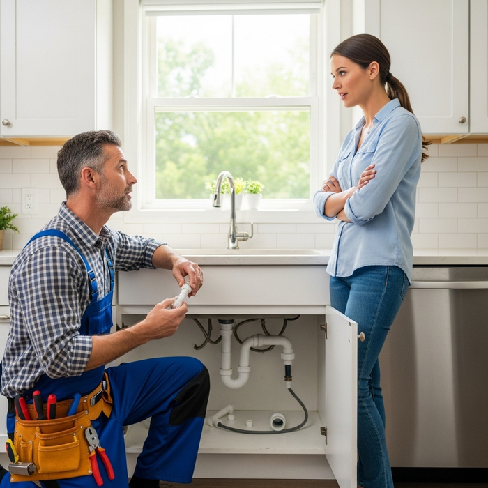 plumber talking to a homeowner