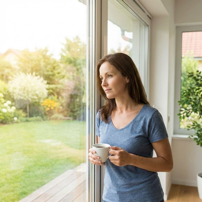 A woman with a cup of coffee looking out a large window of a home at a green garden A woman with a cup of coffee looking out a large window of a home at a green garden