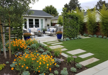 Inviting backyard featuring a stone patio with comfortable seating, a lush green lawn with stepping stones, and vibrant flowerbeds, creating a serene outdoor living space. Beautifully Landscaped Backyard with Outdoor Living Space