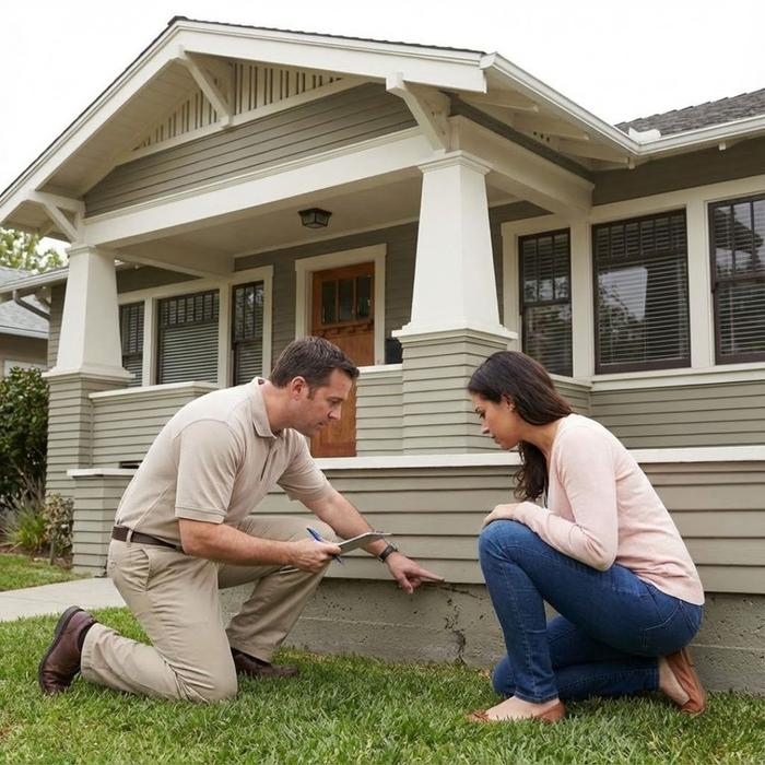 A home inspector and a client inspecting the foundation of a Craftsman-style house