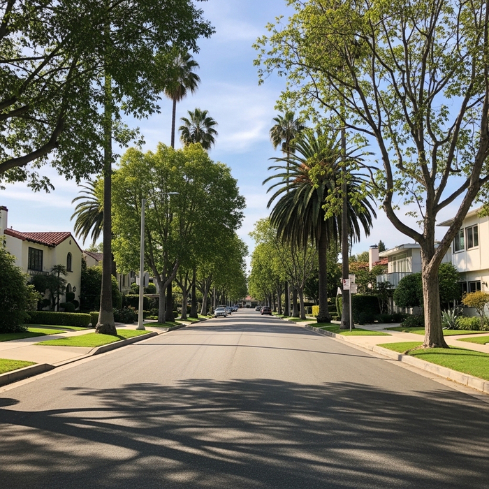A quiet, tree-lined residential street in a Los Angeles neighborhood. A quiet, tree-lined residential street in a Los Angeles neighborhood.