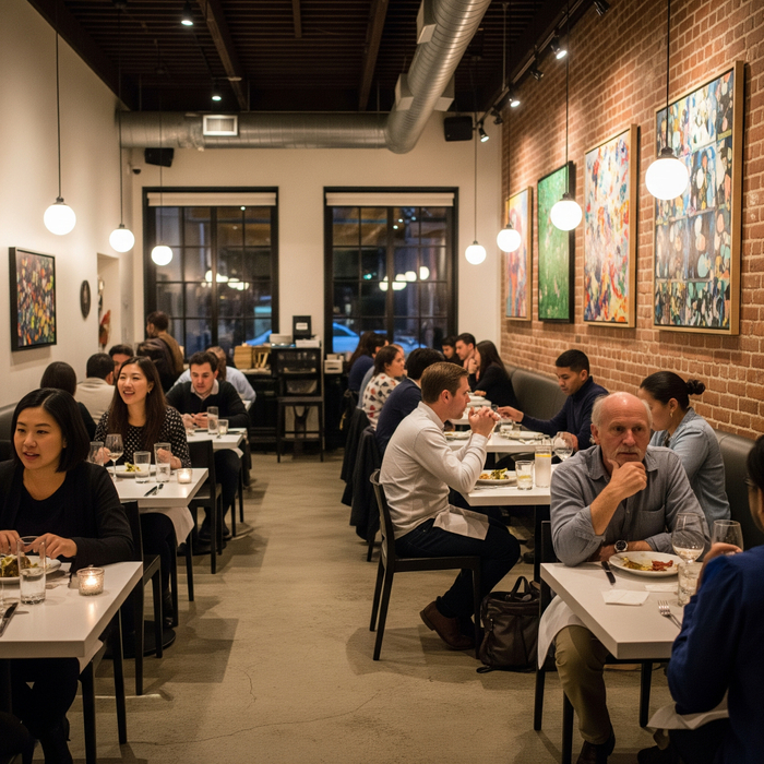 The lively and stylish interior of a popular restaurant in West Adams filled with diners. West Adams2.jpeg